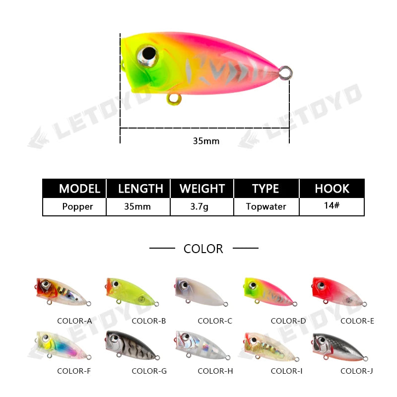LETOYO 35mm 3.7g Micro Popper Fishing Lure Topwater Mini Artificial Hard Baits Wobblers For Stream Trout Bass Fishing Lures - Duke's Fishing Supply