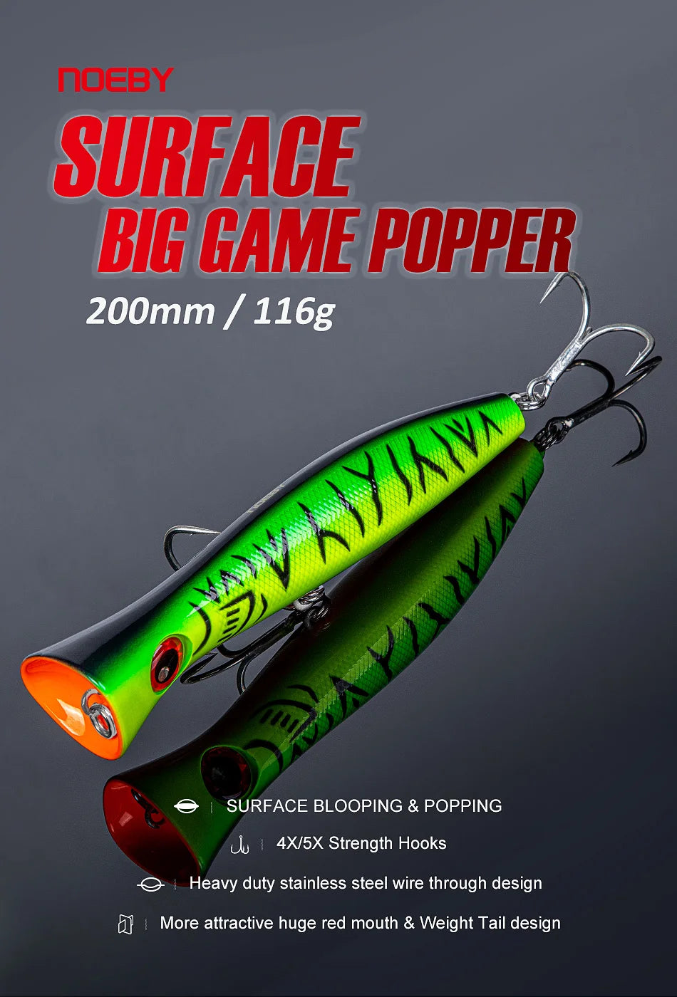 Noeby Big Game Popper Fishing Lure 200mm 116g GT Tuna Topwater Popper Saltwater Artificial Hard Lures Saltwater Fishing Lure - Duke's Fishing Supply