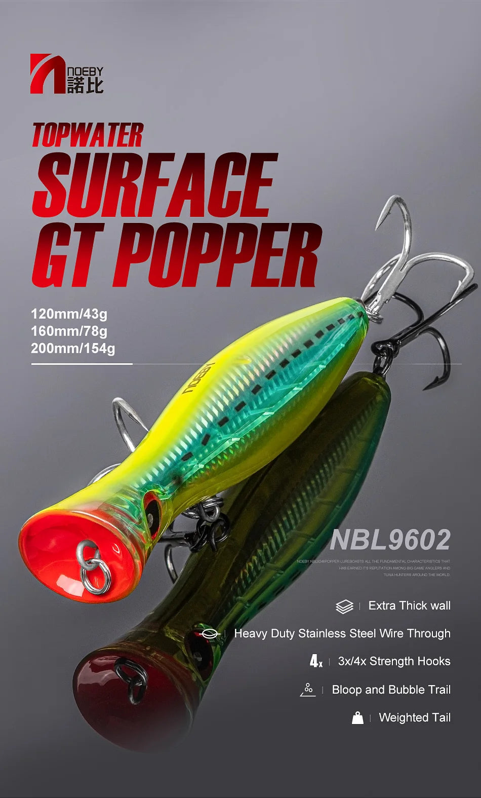 Noeby Blooper Popper Fishing Lures 120mm 43g 160mm 78g 200mm 150g Saltwater Topwater Artificial Hard Bait for GT Fishing Lure - Duke's Fishing Supply