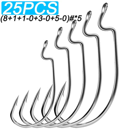 25 PCS Wide Gap Worm Hooks Texas Rig Jig Crank Big Bass Gear High Carbon Steel Offset Barbed Hook for Soft Fishing Lure Fishhook - Duke's Fishing Supply