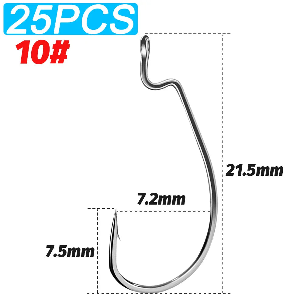25 PCS Wide Gap Worm Hooks Texas Rig Jig Crank Big Bass Gear High Carbon Steel Offset Barbed Hook for Soft Fishing Lure Fishhook - Duke's Fishing Supply