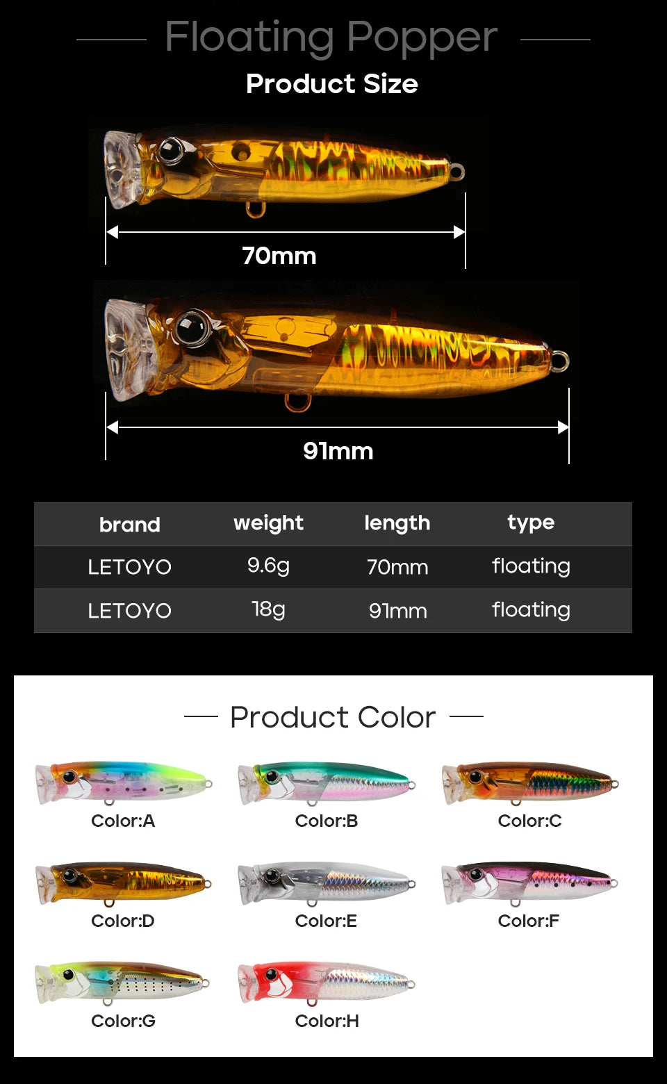 LETOYO 9.6g/18g Floating Popper Lure Topwater Hard Baits With Steel Balls Artificial Popper Fishing Lure For Bass - Duke's Fishing Supply