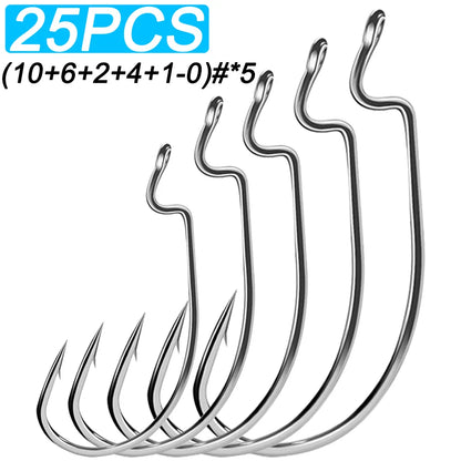 25 PCS Wide Gap Worm Hooks Texas Rig Jig Crank Big Bass Gear High Carbon Steel Offset Barbed Hook for Soft Fishing Lure Fishhook - Duke's Fishing Supply