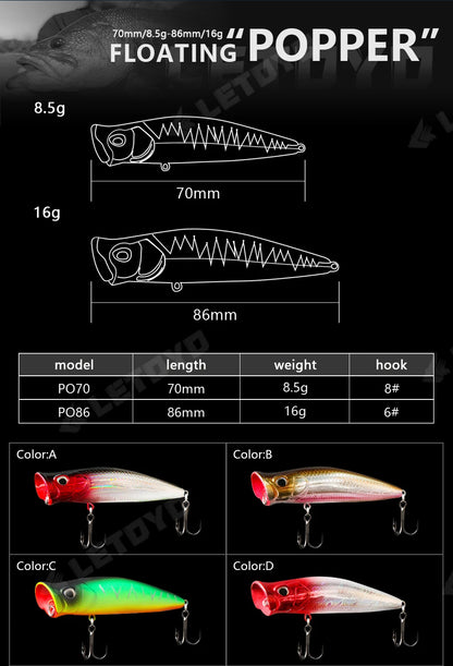 LETOYO Floating Fishing Lures 8.5g 16g Artificial Laser Coating Hard Baits Topwater Poppers Bass Pike Wobbler Popper Lure - Duke's Fishing Supply