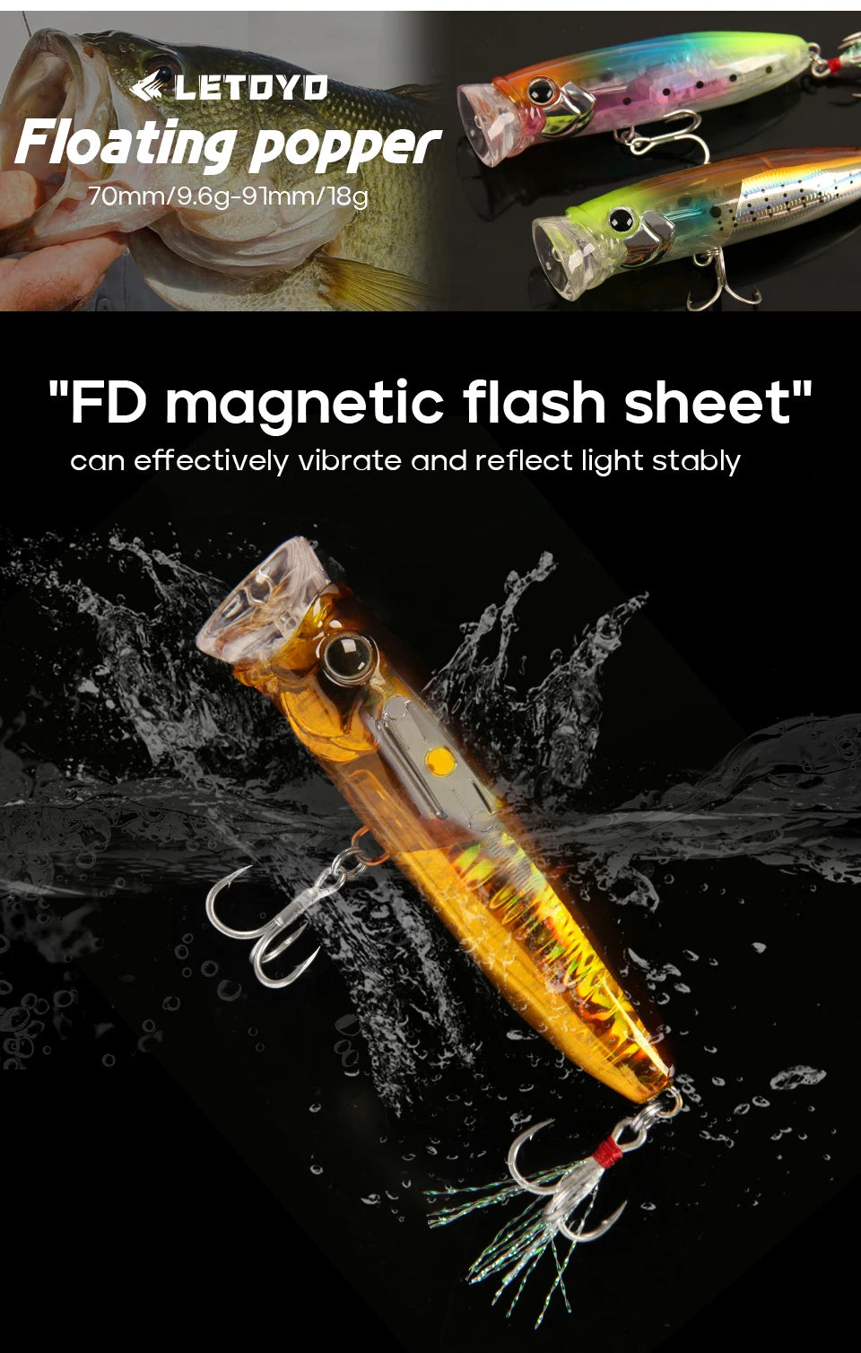 LETOYO 9.6g/18g Floating Popper Lure Topwater Hard Baits With Steel Balls Artificial Popper Fishing Lure For Bass - Duke's Fishing Supply