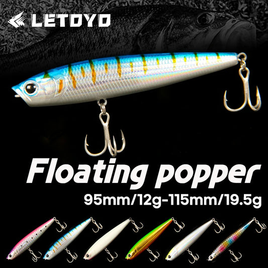 LETOYO 12g/19.5g Floating Popper Lure Long Throw Topwater Hard Pencil Baits Laser Coating Streamline Bass Fishing Lure - Duke's Fishing Supply