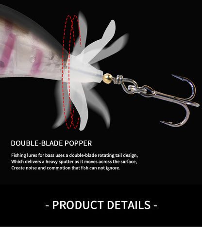 LETOYO 40mm 50mm Topwater Whopper Popper Rotating Double Propeller Tail Artificial Bait for bass pike Fishing Lures - Duke's Fishing Supply