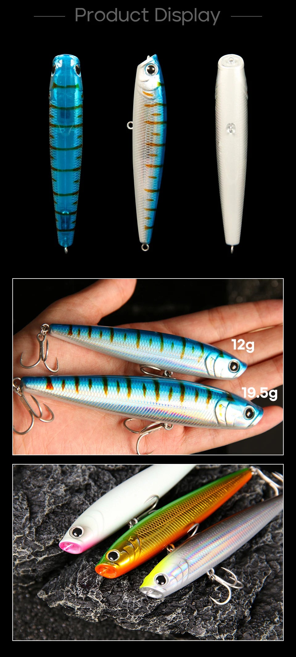 LETOYO 12g/19.5g Floating Popper Lure Long Throw Topwater Hard Pencil Baits Laser Coating Streamline Bass Fishing Lure - Duke's Fishing Supply