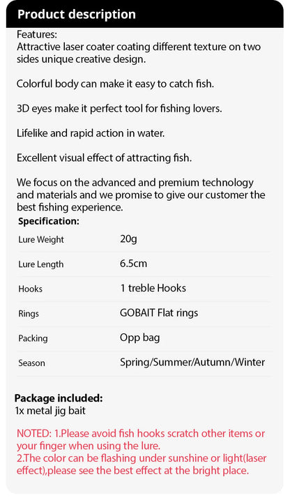 Metal Jig Fishing Lure 20g Shore Cast Hook Swimbait Artificial Bait Laser Cover Pesca Sea Pike Bass Accessories Spinning Tackle - Duke's Fishing Supply