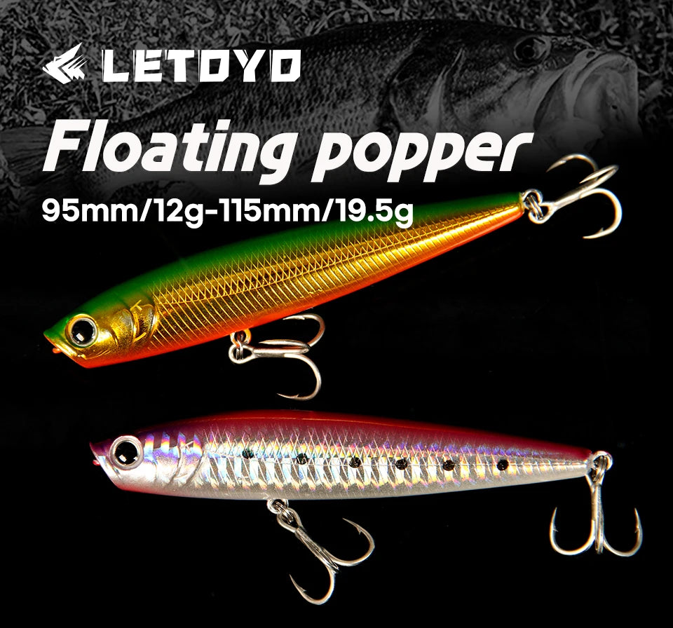 LETOYO 12g/19.5g Floating Popper Lure Long Throw Topwater Hard Pencil Baits Laser Coating Streamline Bass Fishing Lure - Duke's Fishing Supply