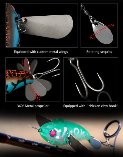 LETOYO 70mm/20g Topwater Noisy Bait Golden Cicada Propeller Popper Lure Bionic Floating Hard Baits For Bass Catfish - Duke's Fishing Supply