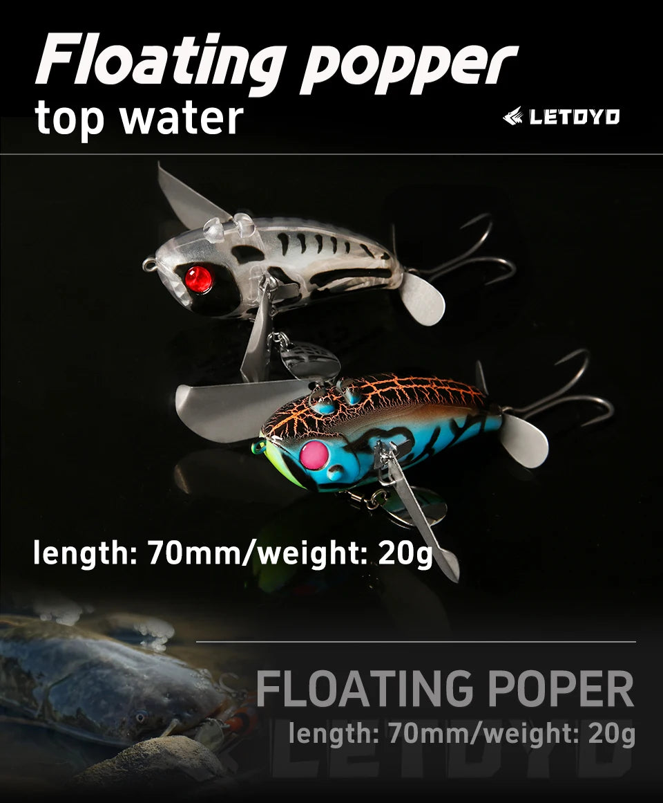 LETOYO 70mm/20g Topwater Noisy Bait Golden Cicada Propeller Popper Lure Bionic Floating Hard Baits For Bass Catfish - Duke's Fishing Supply