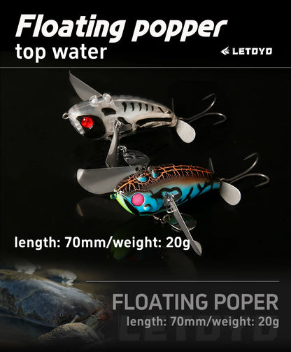 LETOYO 70mm/20g Topwater Noisy Bait Golden Cicada Propeller Popper Lure Bionic Floating Hard Baits For Bass Catfish - Duke's Fishing Supply