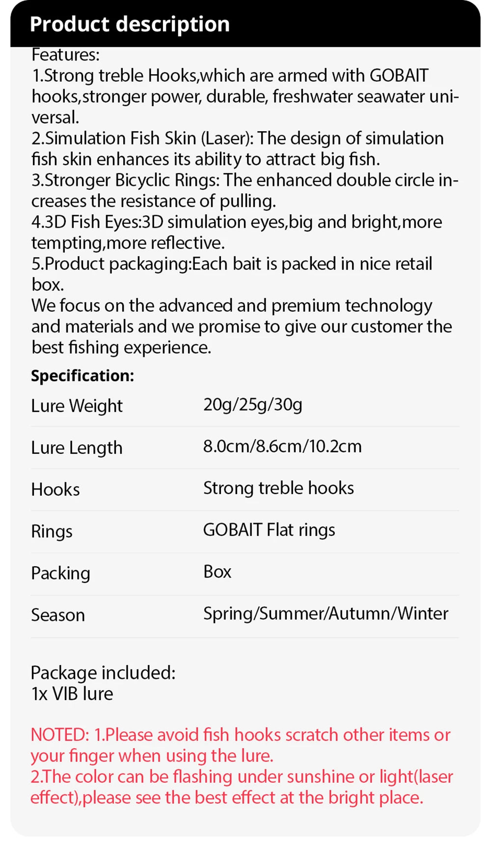 GOBAIT VIB Fishing Lure 20g 25g 30g Metal Jig Sinking Blade Hook Spinner Spoon Cast VIBRATION Carbon Steel Tackle Hard Bait - Duke's Fishing Supply