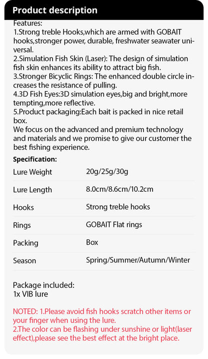 GOBAIT VIB Fishing Lure 20g 25g 30g Metal Jig Sinking Blade Hook Spinner Spoon Cast VIBRATION Carbon Steel Tackle Hard Bait - Duke's Fishing Supply