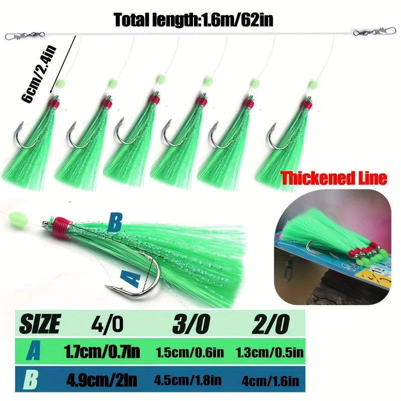 1Pack/6Hooks Pre-Tied Sabiki Fishing Rigs with Sharp Carbon Steel Hook 2/0, 3/0, 4/0 Thickened Line, Sea Fishing Rig - Duke's Fishing Supply