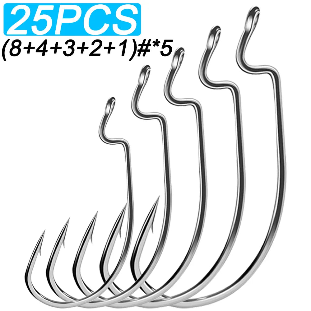 25 PCS Wide Gap Worm Hooks Texas Rig Jig Crank Big Bass Gear High Carbon Steel Offset Barbed Hook for Soft Fishing Lure Fishhook - Duke's Fishing Supply