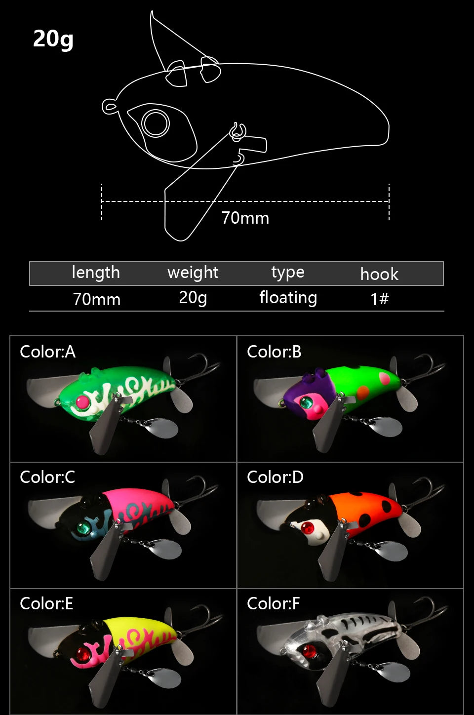 LETOYO 70mm/20g Topwater Noisy Bait Golden Cicada Propeller Popper Lure Bionic Floating Hard Baits For Bass Catfish - Duke's Fishing Supply
