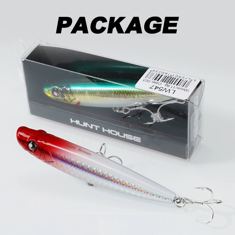 Hunthouse WTD Hard Pencil Fishing Lure Topwater Popper 90m/11.6g Stick Bait Wobblers Fishing Tackle For Seabass Pike LW547 - Duke's Fishing Supply
