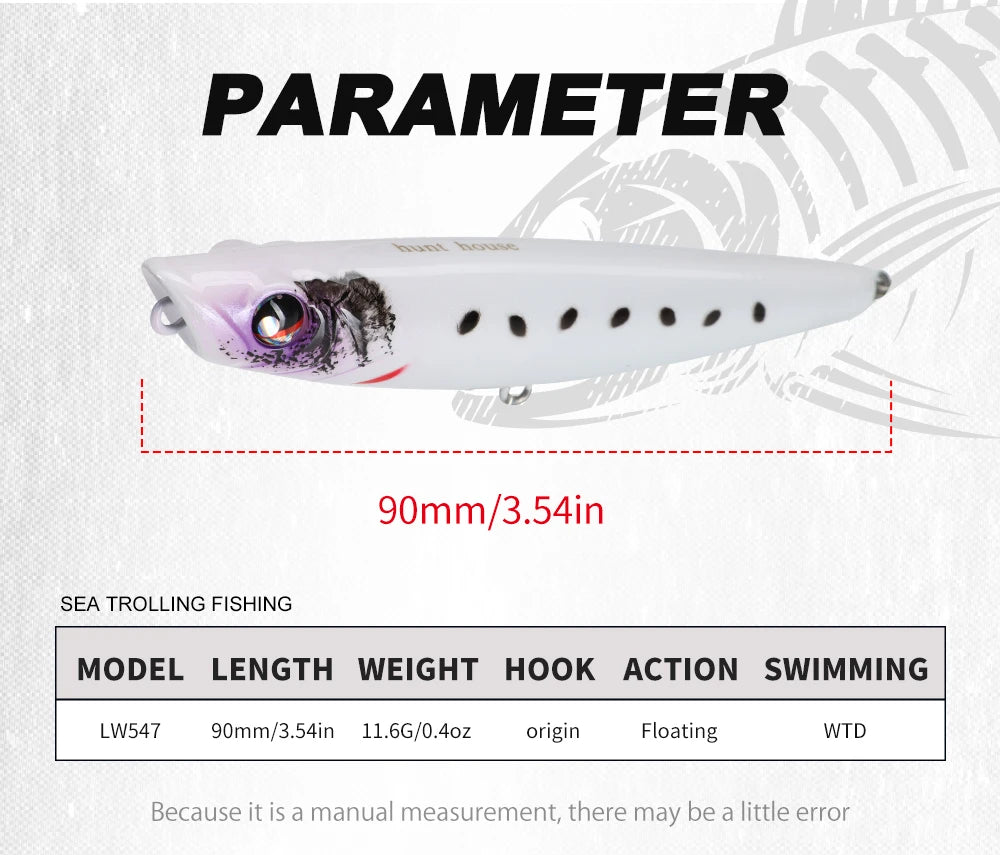 Hunthouse WTD Hard Pencil Fishing Lure Topwater Popper 90m/11.6g Stick Bait Wobblers Fishing Tackle For Seabass Pike LW547 - Duke's Fishing Supply