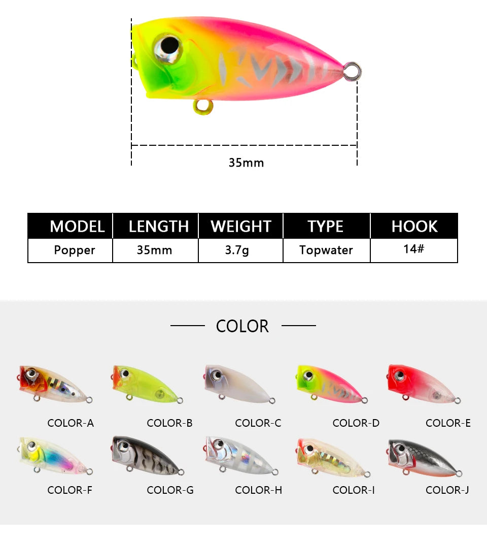 LETOYO 35mm 3.7g Micro Popper Fishing Lure Topwater Mini Artificial Hard Baits Wobblers For Stream Trout Bass Fishing Lures - Duke's Fishing Supply